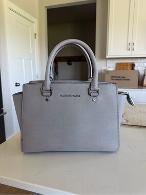 Michael Kors Light Gray Selma Saffiano Leather Satchel